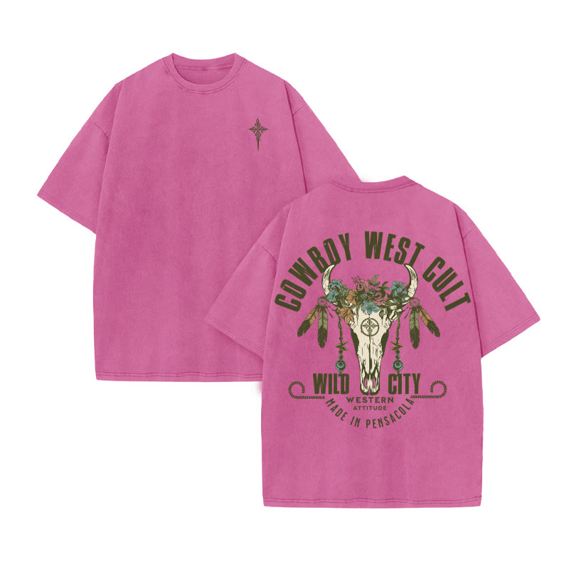 Unisex 100% Cotton COWBOY WEST CULT Western Style Print Acid Washed T-shirt