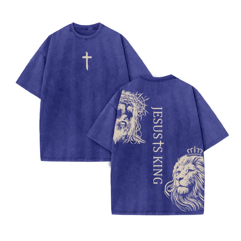 Unisex 100% Cotton Jesus Is King Print Acid Washed T-shirt - Blue - US20-22(3XL) - image 10