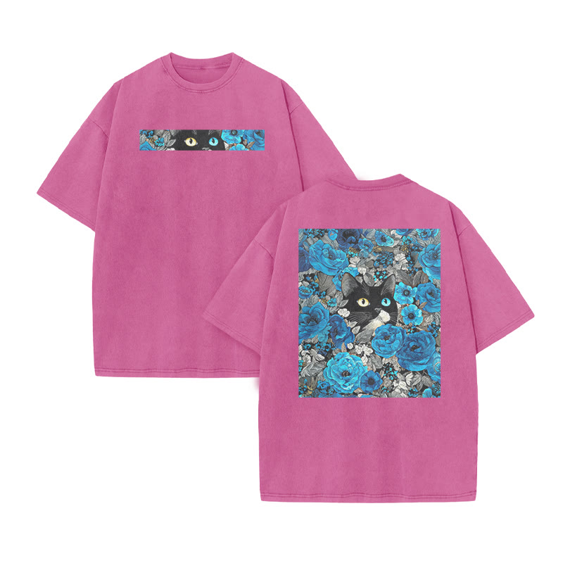 A Black Cat In A Field Of Blue Flowers Print Acid Washed T-shirt - Pink - US20-22(3XL) - image 7
