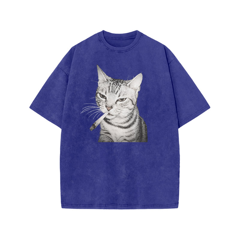 Tabby Cat With A Cigarette In Its Mouth Print Acid Washed T-shirt - Blue - US20-22(3XL) - image 7