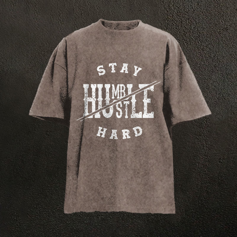 100% Cotton Stay Humble Gym Print Acid Washed T-shirt - Coffee - US20-22(3XL) - image 3