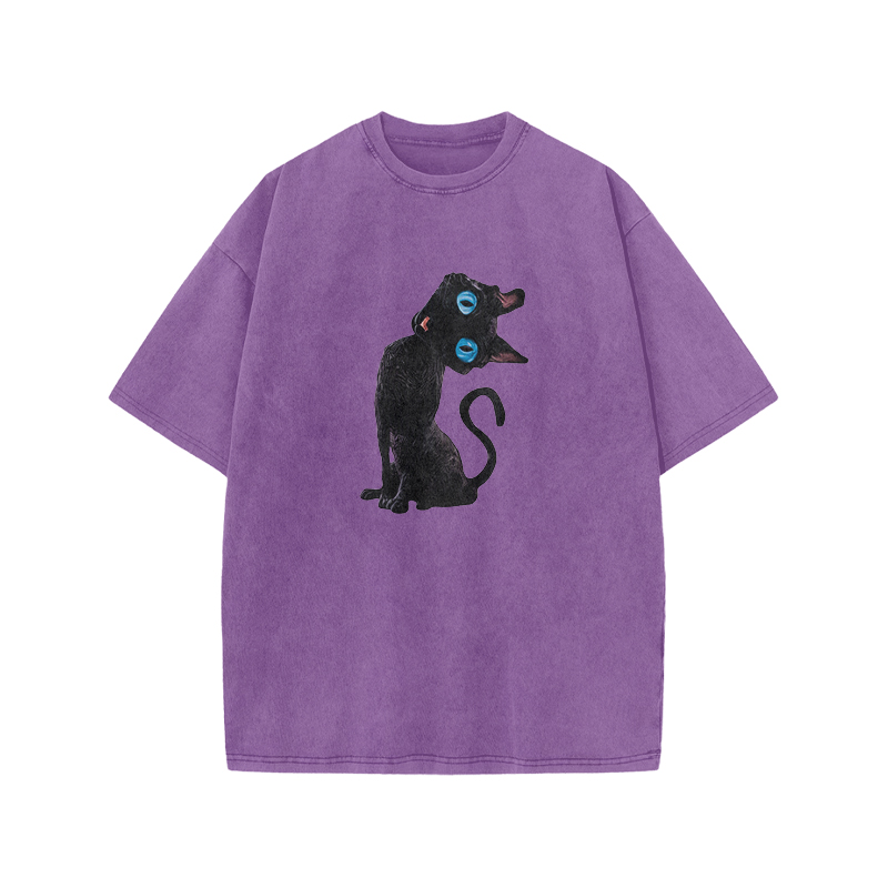 Vintage Black Cat Graphic Acid Washed T Shirt - Purple - US20-22(3XL) - image 5