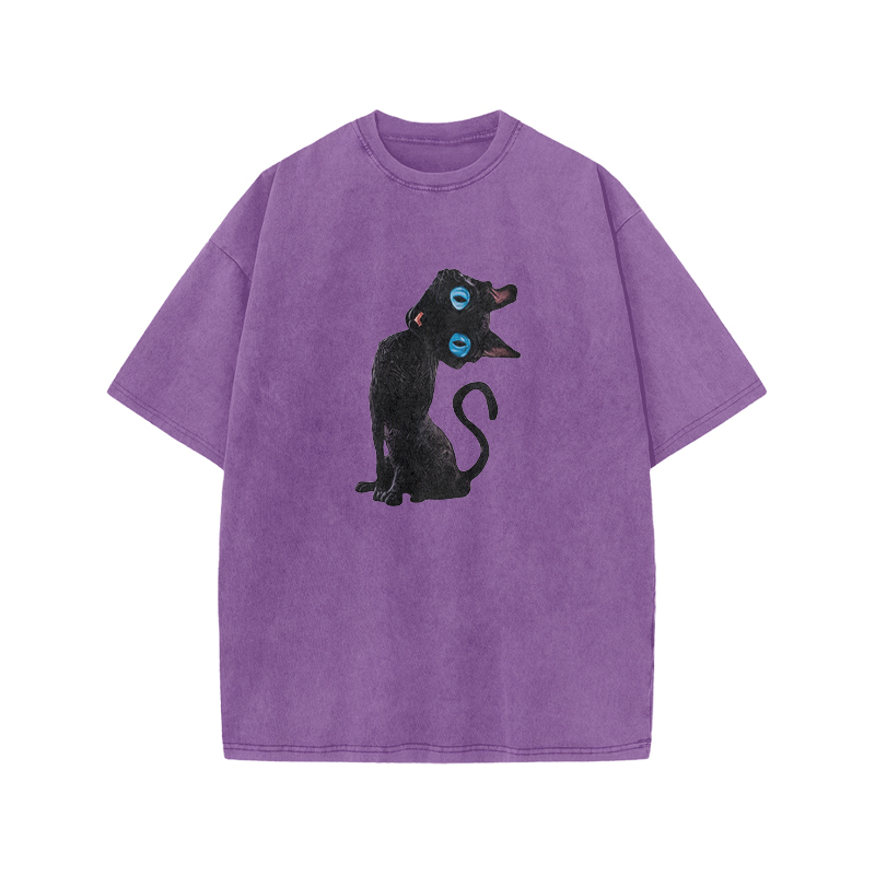Vintage Black Cat Graphic Acid Washed T Shirt - Purple - US20-22(3XL) - image 5