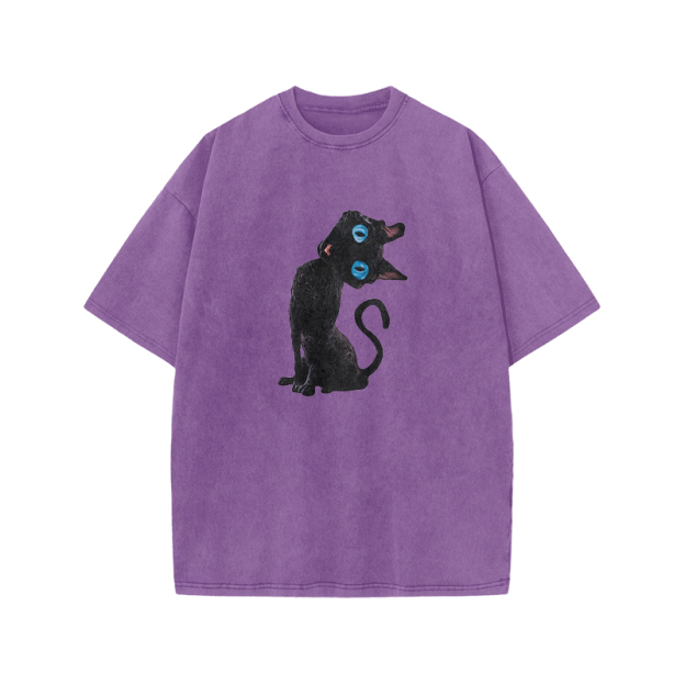 Vintage Black Cat Graphic Acid Washed T Shirt - Purple - US20-22(3XL) - image 5