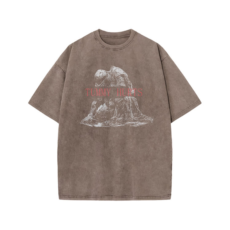 Tummy Hurts Print Acid Washed T-shirt - Coffee - US20-22(3XL) - image 4