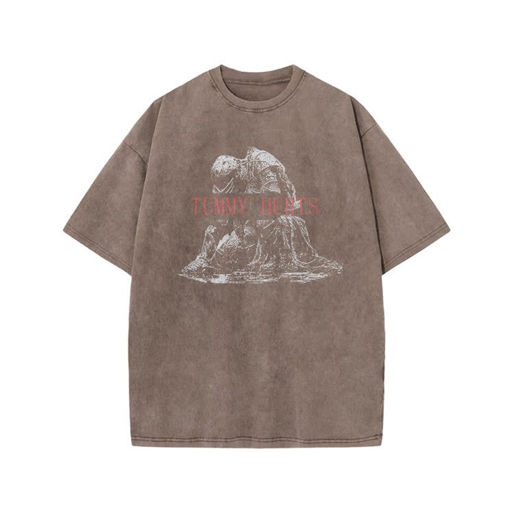 Tummy Hurts Print Acid Washed T-shirt - Coffee - US20-22(3XL) - image 4
