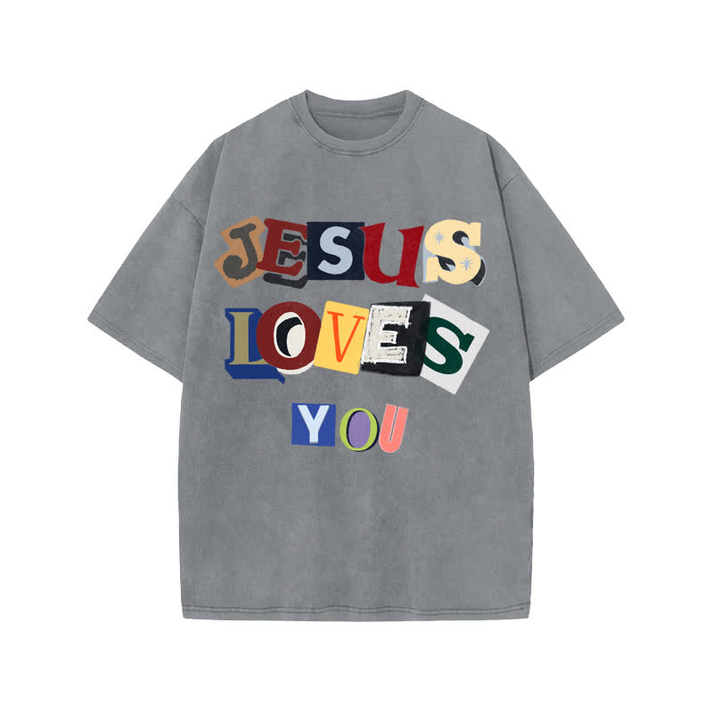 Unisex 100% Cotton JESUS LOVES YOU Print Acid Washed T-shirt - Grey - US20-22(3XL) - image 4