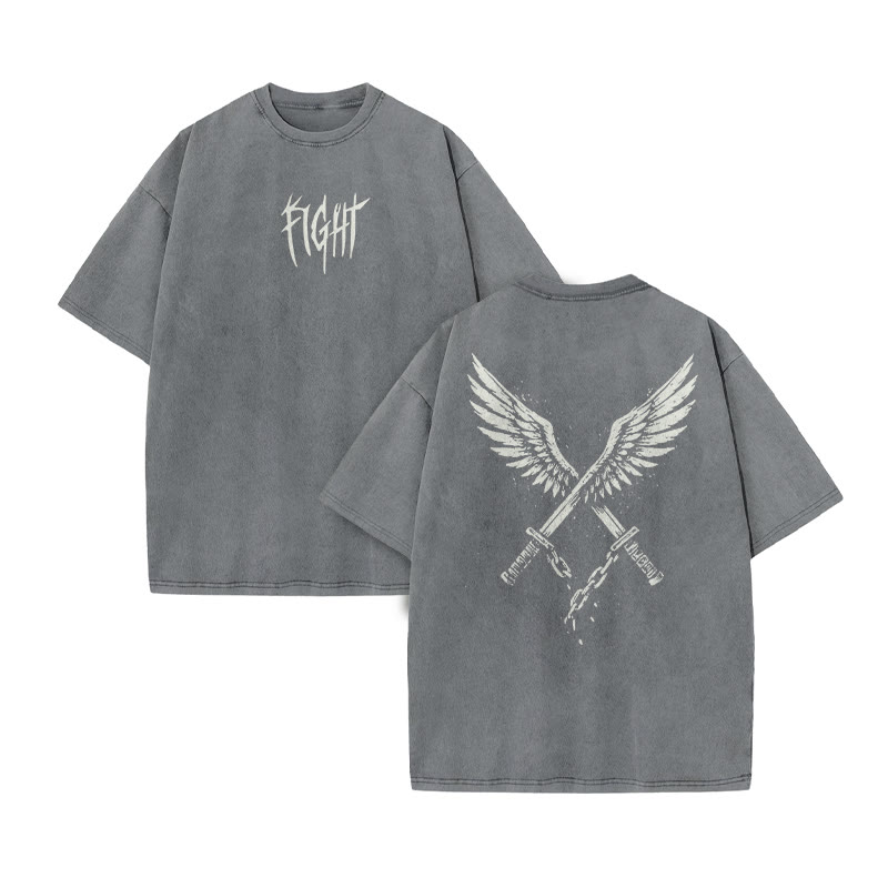 Unisex Fight Print Acid Washed T-shirt - Grey - US20-22(3XL) - image 5
