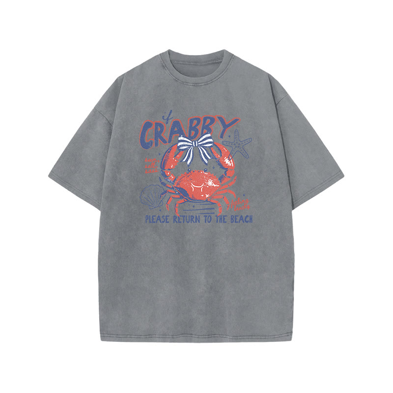 If Crabby Please Return To The Beach Print Acid Washed T-shirt - Grey - US20-22(3XL) - image 3