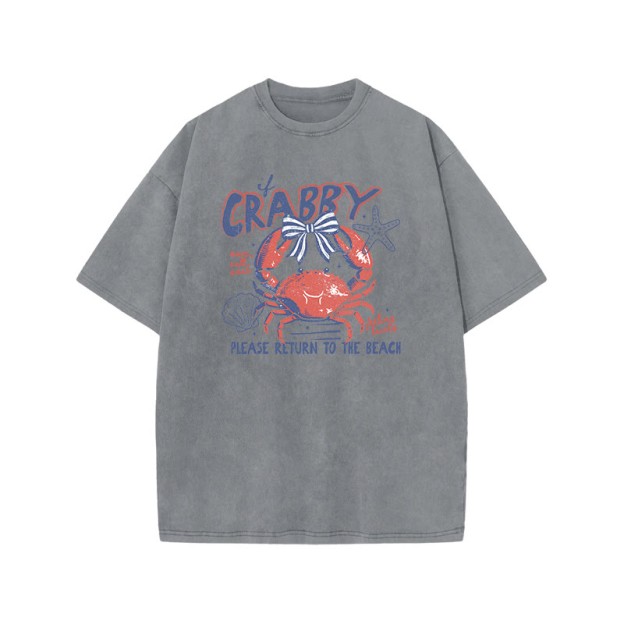 If Crabby Please Return To The Beach Print Acid Washed T-shirt - Grey - US20-22(3XL) - image 3