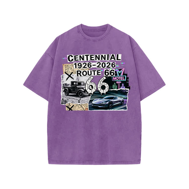 Route 66 Centennial Vintage Graphic Print Acid Washed T-shirt - Purple - US20-22(3XL) - image 7