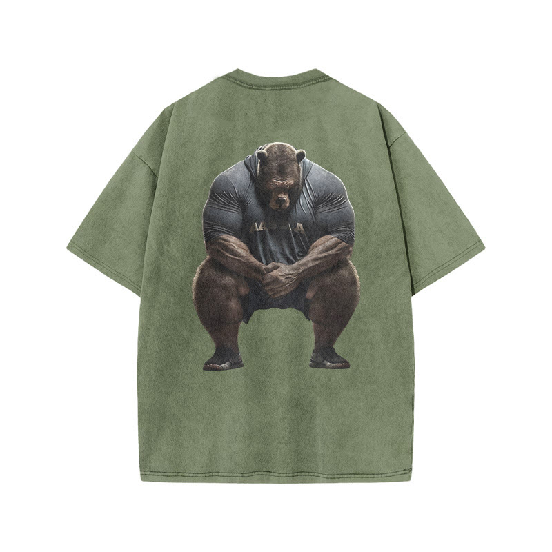 100% Cotton Silent Strong Muscle Bear Gym Print Acid Washed T-shirt - Army Green - US20-22(3XL) - image 6