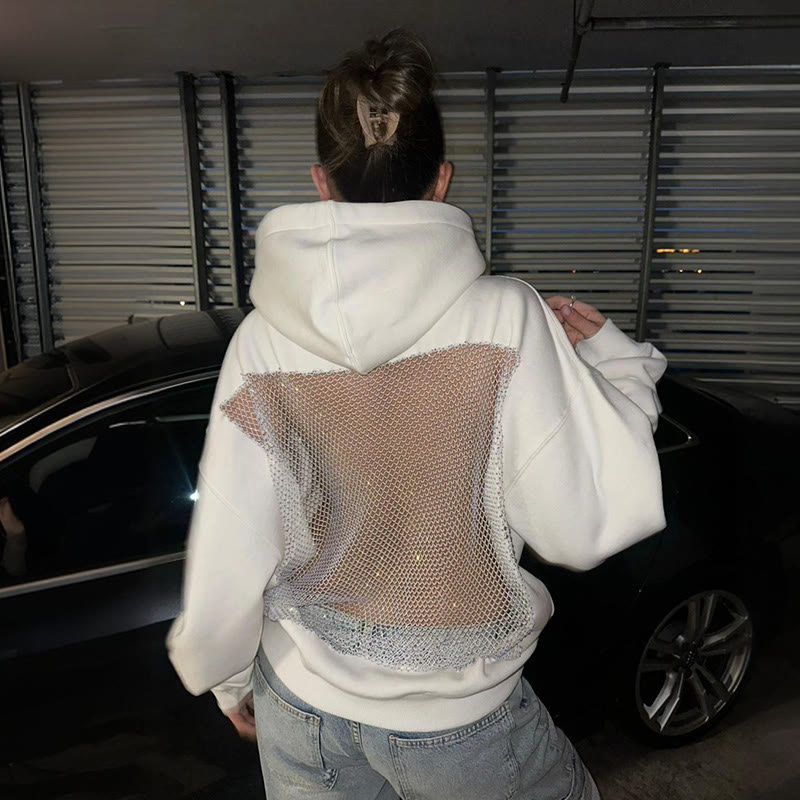 Solid Color Hollow Mesh Splicing Long-sleeved Hoodie - image 8