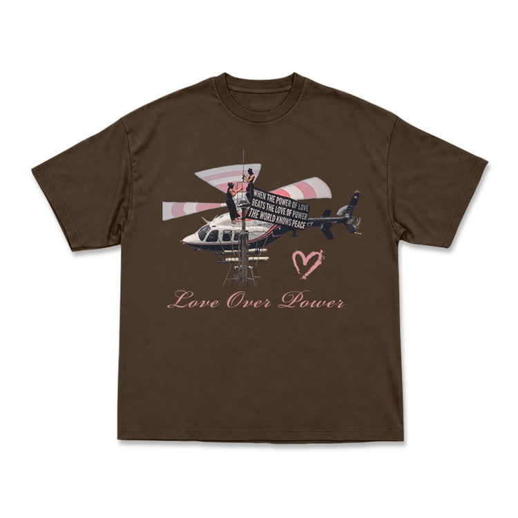 Vintage Helicopter Print Love Over Power T-Shirt - Coffee - US16-18(2XL) - image 13