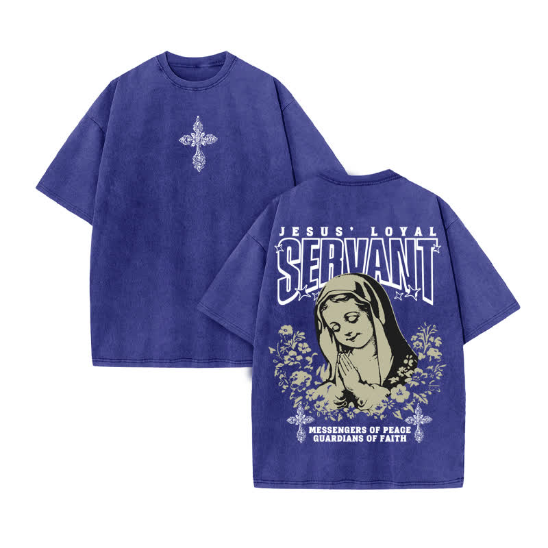 Unisex 100% Cotton Jesus Loyal Servant Print Acid Washed T-shirt - Blue - US20-22(3XL) - image 10