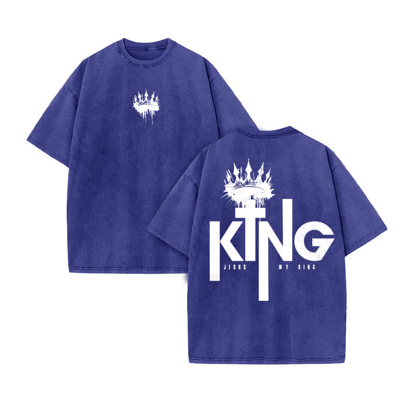 Unisex 100% Cotton JESUS IS MY KING Print Acid Washed T-shirt - Blue - US20-22(3XL) - image 10