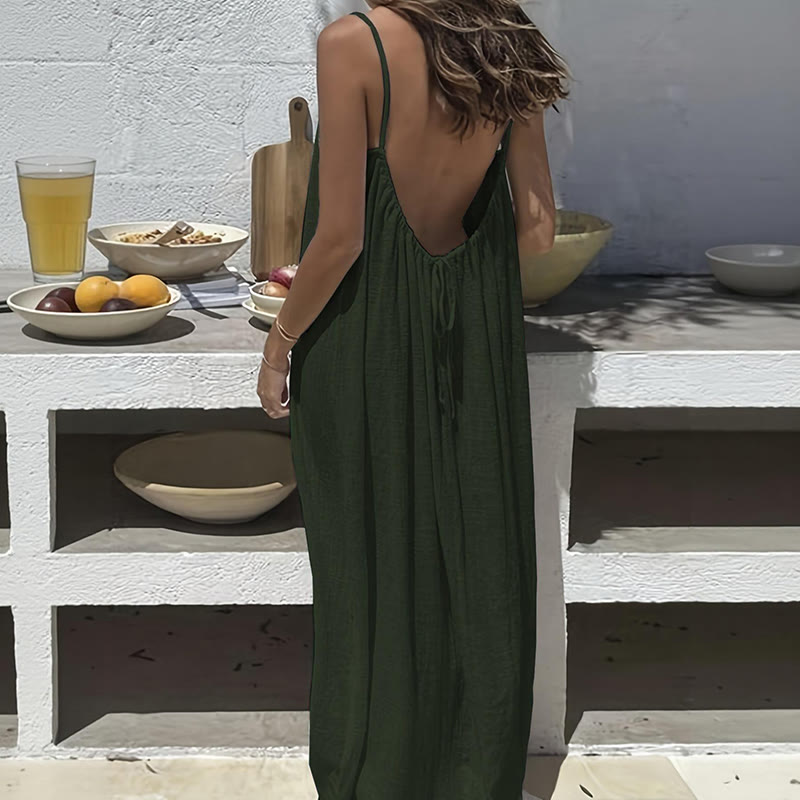 Loose Solid Color Adjustable Tie Strap Vacation Dress - Dark Green - 5XL - image 11