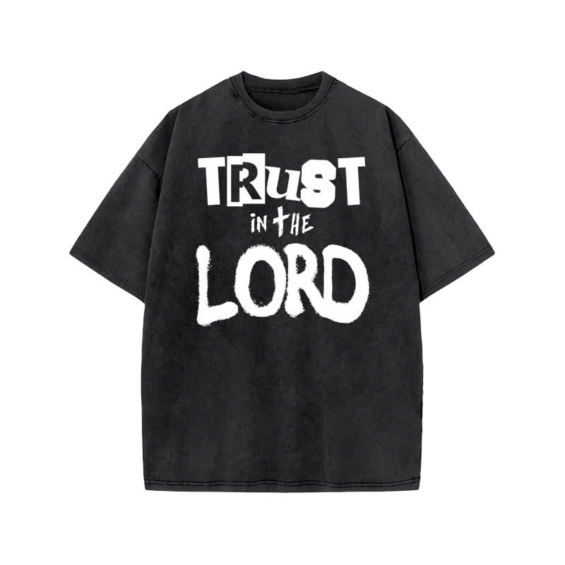 Unisex 100% Cotton Trust In The Lord Print Acid Washed T-shirt - Black - US20-22(3XL) - image 2
