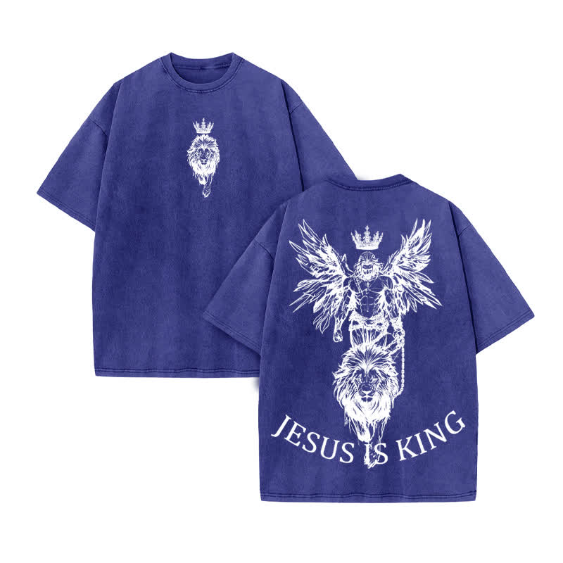 Unisex 100% Cotton JESUS IS KING Print Acid Washed T-shirt - Blue - US20-22(3XL) - image 10
