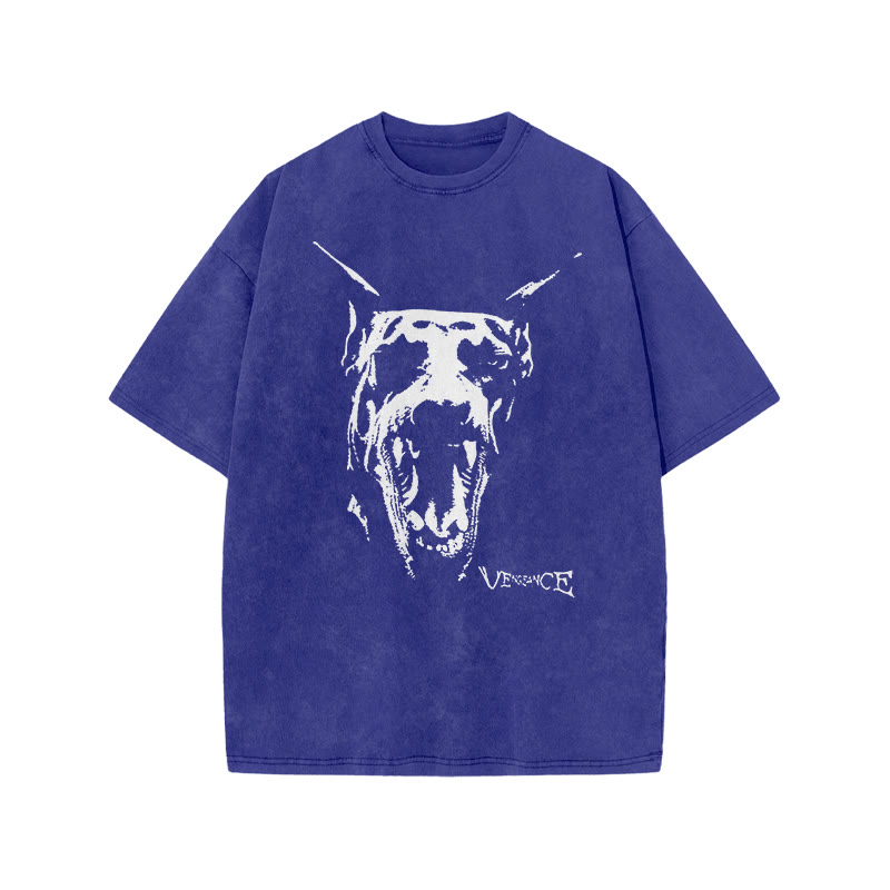 Roaring Doberman Print Acid Washed T-shirt - Blue - US20-22(3XL) - image 6