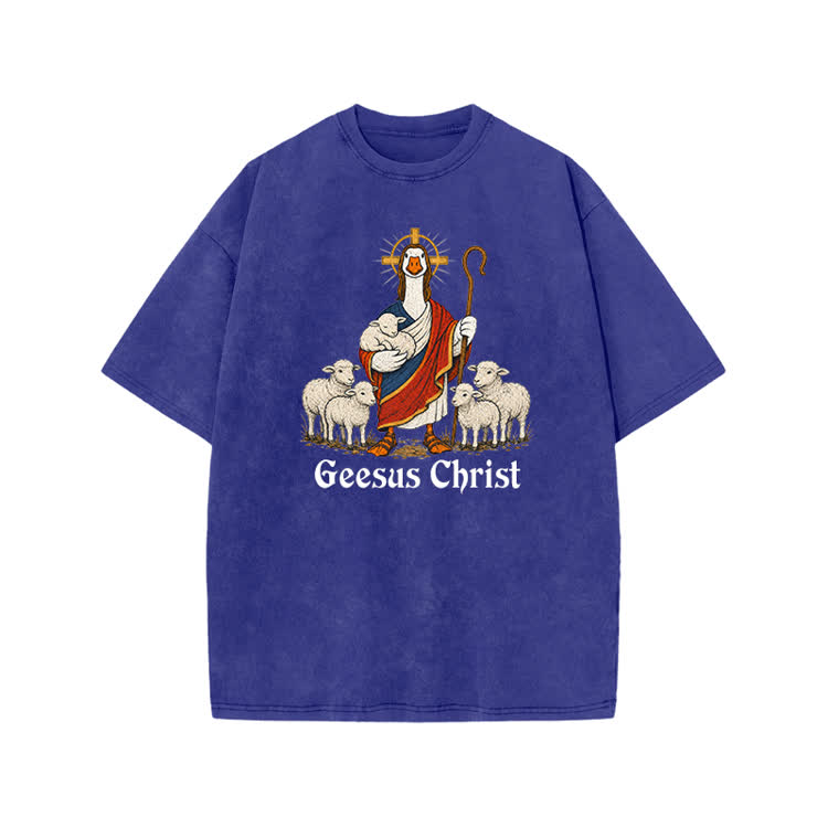 Vintage Geesus Christ Sheep Graphic Print Acid Washed T-shirt - Blue - US20-22(3XL) - image 9