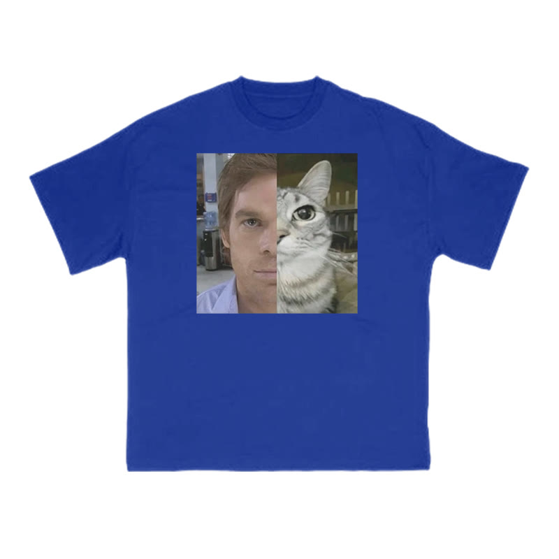 Unisex Patchwork Cat Print T-shirt - Blue - US16-18(2XL) - image 8