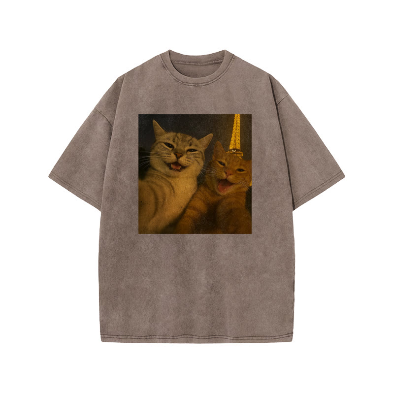 Unisex 100% Cotton Selfie Cat Print Acid Washed T-shirt - Coffee - US20-22(3XL) - image 3