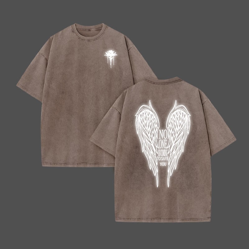 No One Is Coming To Save You Reflective Print Acid Washed T-shirt - Coffee - US20-22(3XL) - image 5