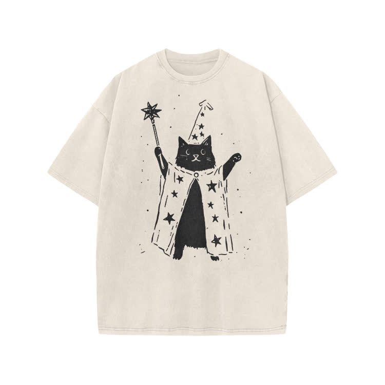 Vintage Wizard Cat Graphic Print Acid Washed T-shirt - Beige - US20-22(3XL) - image 5