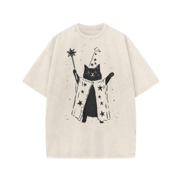 Vintage Wizard Cat Graphic Print Acid Washed T-shirt - Beige - US20-22(3XL) - image 5