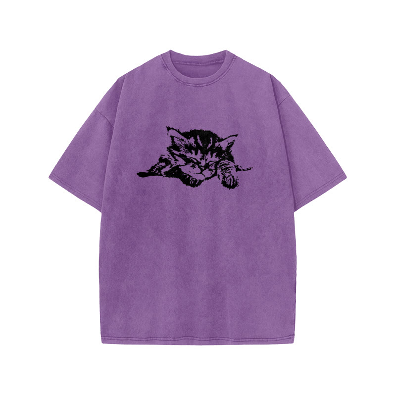 Unisex 100% Cotton Quiet Sleeping Cat Print Acid Washed T-shirt - Purple - US20-22(3XL) - image 9