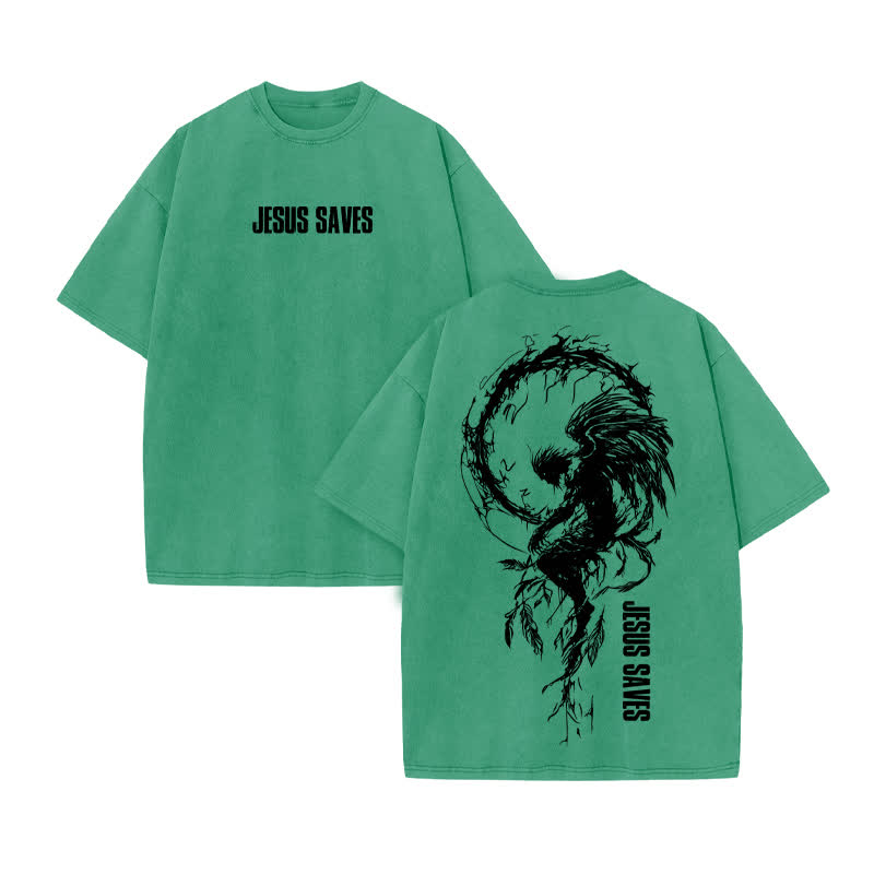 Unisex 100% Cotton Jesus Saves Print Acid Washed T-shirt - Green - US20-22(3XL) - image 7