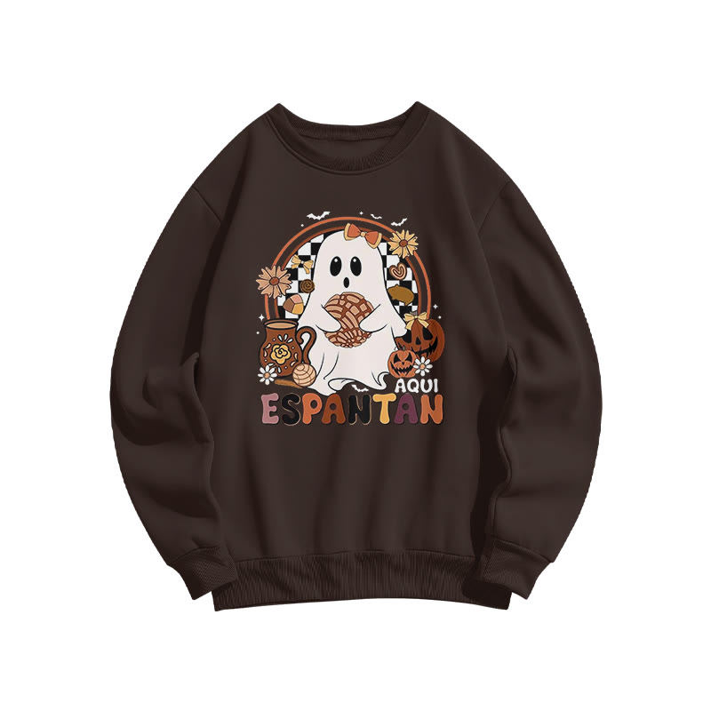 Unisex Aquí Espantan Halloween Print Sweatshirt - Coffee - US16-18(2XL) - image 4