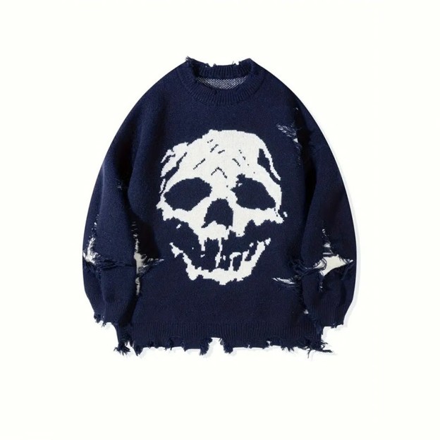 Fashionable Skull Halloween Ripped Sweater - Dark Blue - US20-22(3XL) - image 7