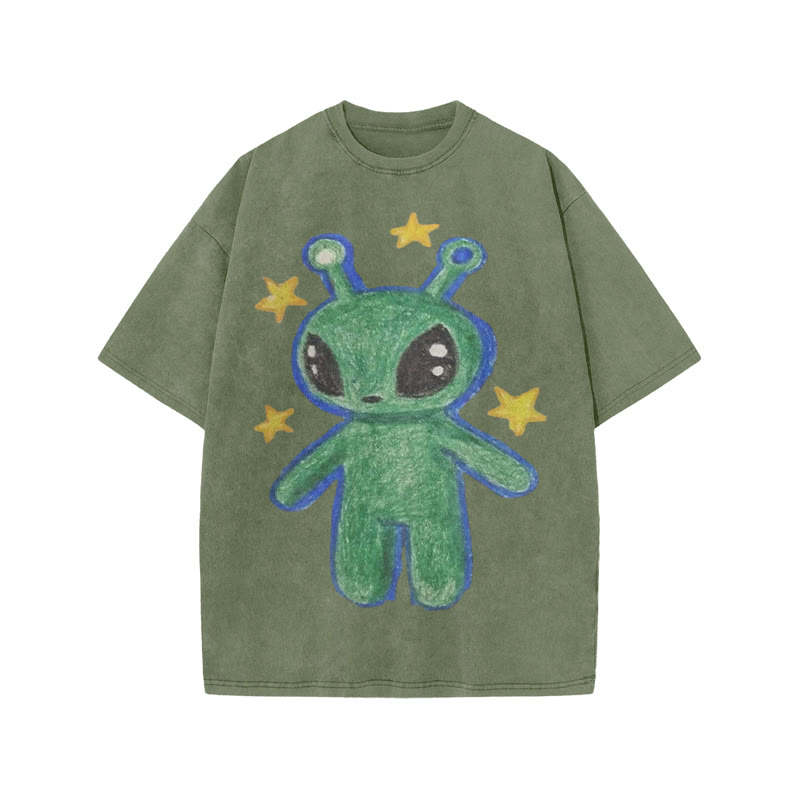 Cute Alien Print Acid Washed T-shirt - Army Green - US20-22(3XL) - image 5