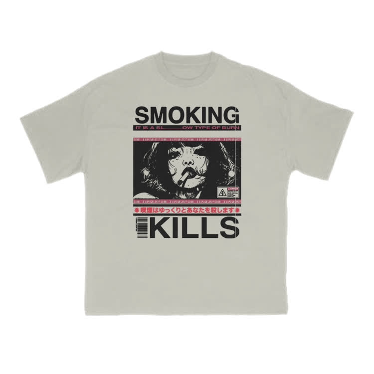 Smoking Kills Retro Manga Style Graphic Print T-Shirt - Warm Grey - US16-18(2XL) - image 9