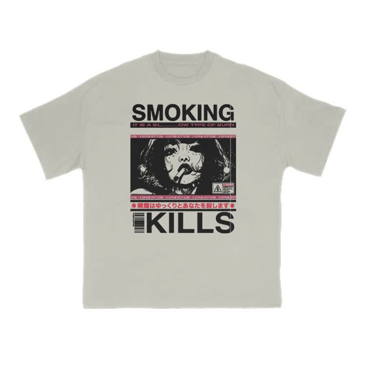 Smoking Kills Retro Manga Style Graphic Print T-Shirt - Warm Grey - US16-18(2XL) - image 9