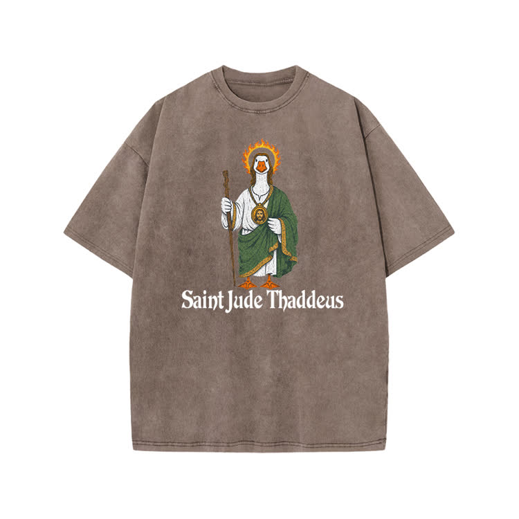 Vintage Saint Jude Thaddeus Graphic Print Acid Washed T-shirt - Coffee - US20-22(3XL) - image 6