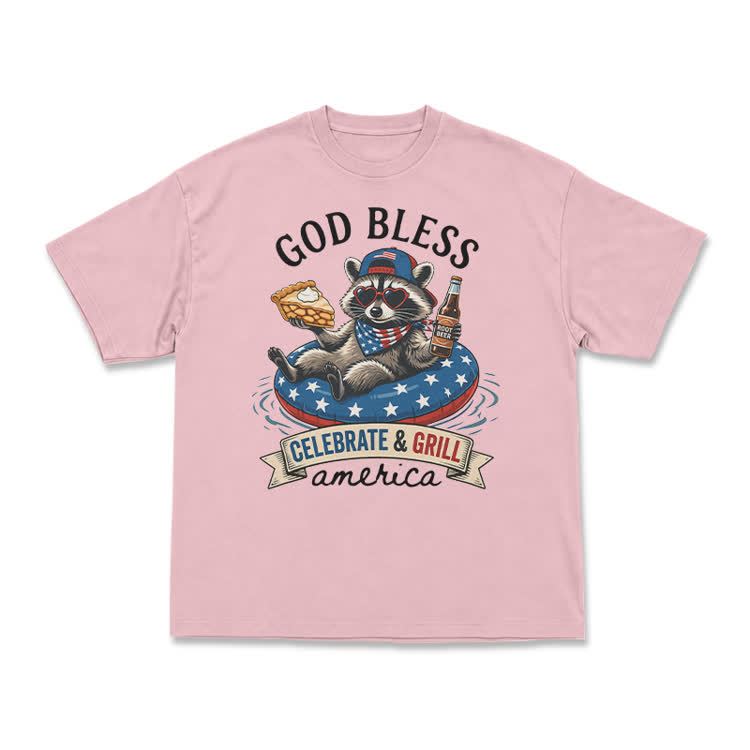 Casual Patriotic Raccoon Graphic T-Shirt - Pink - US16-18(2XL) - image 5