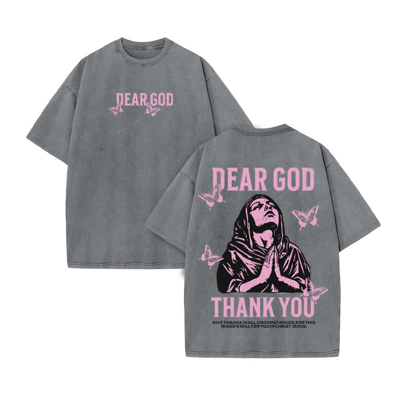Unisex Thank You Dear God Print Acid Washed T-shirt - Grey - US20-22(3XL) - image 5