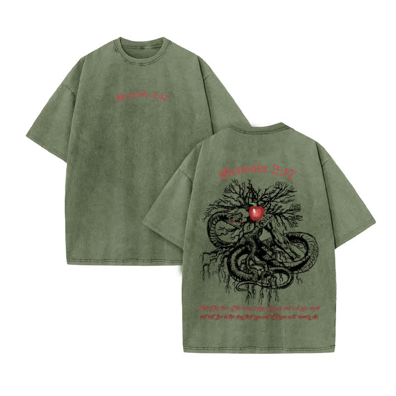 Unisex 100% Cotton Genesis 2:17 Print Acid Washed T-shirt - Army Green - US20-22(3XL) - image 6