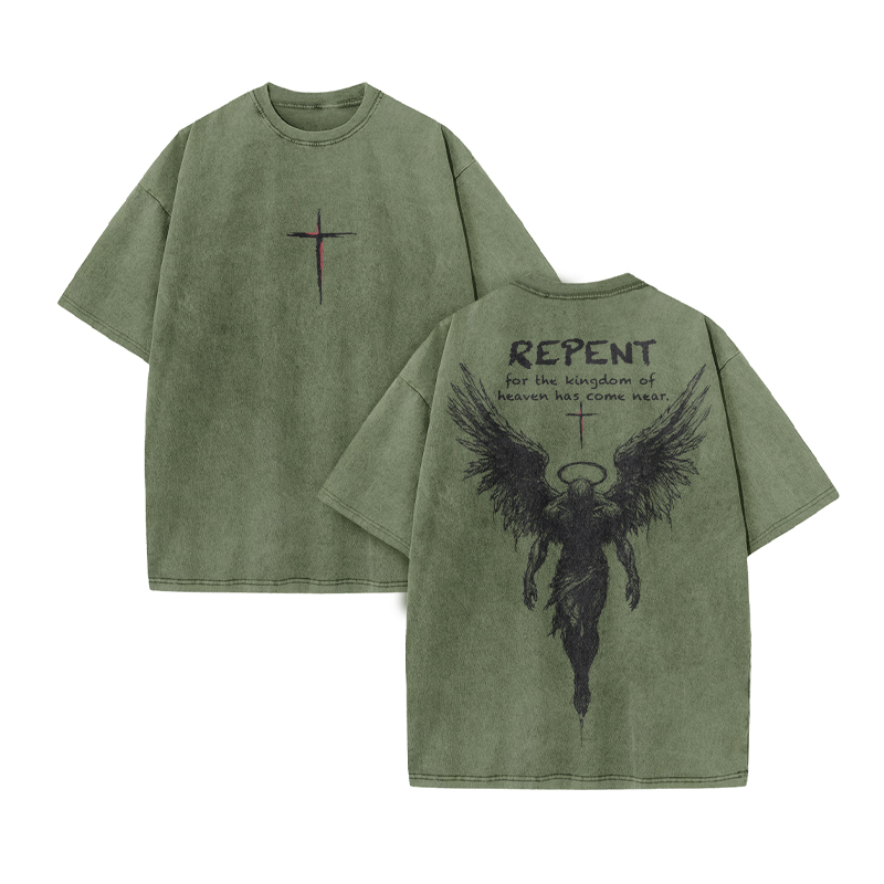 Repent For The Kingdom Of Heaven Has Come Near Print Acid Washed T-shirt - Army Green - US20-22(3XL) - image 5