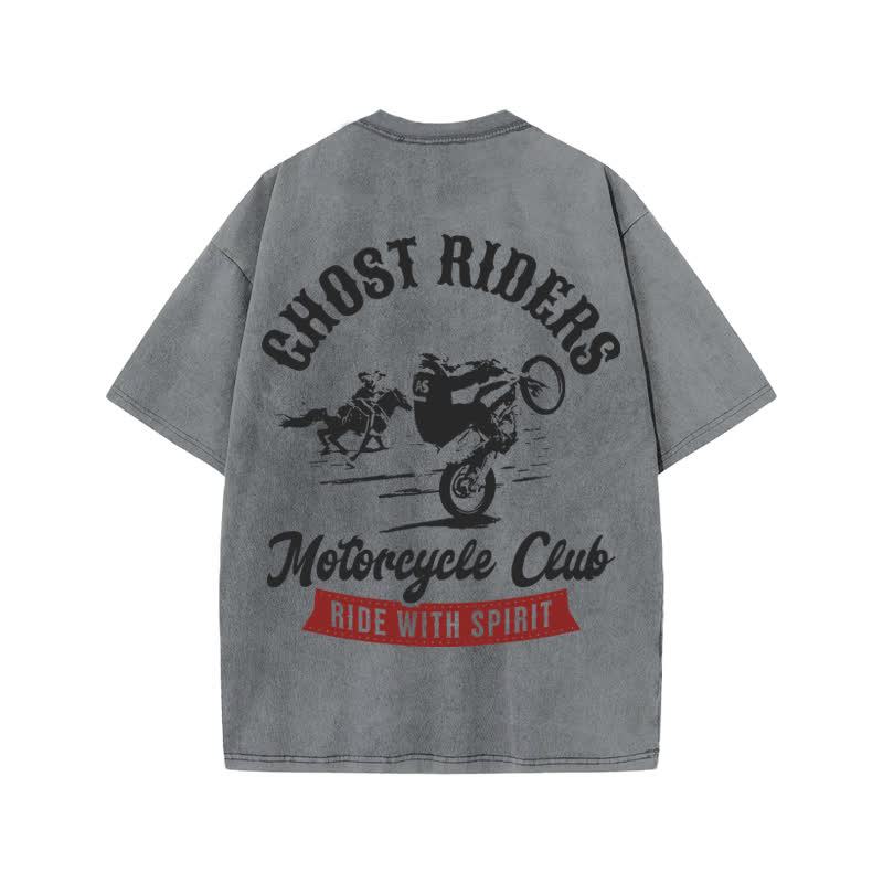 Unisex Ride With Spirit Print Acid Washed T-shirt - Grey - US20-22(3XL) - image 4