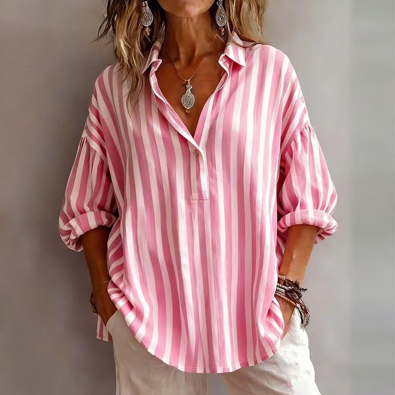 Women's Loose-fit Casual Striped Long-sleeve Shirt - Pink - 3XL - image 3