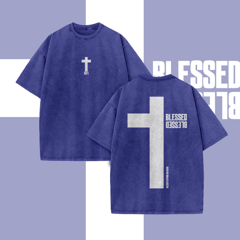 Reflective Blessed Cross Print Acid Washed T-shirt