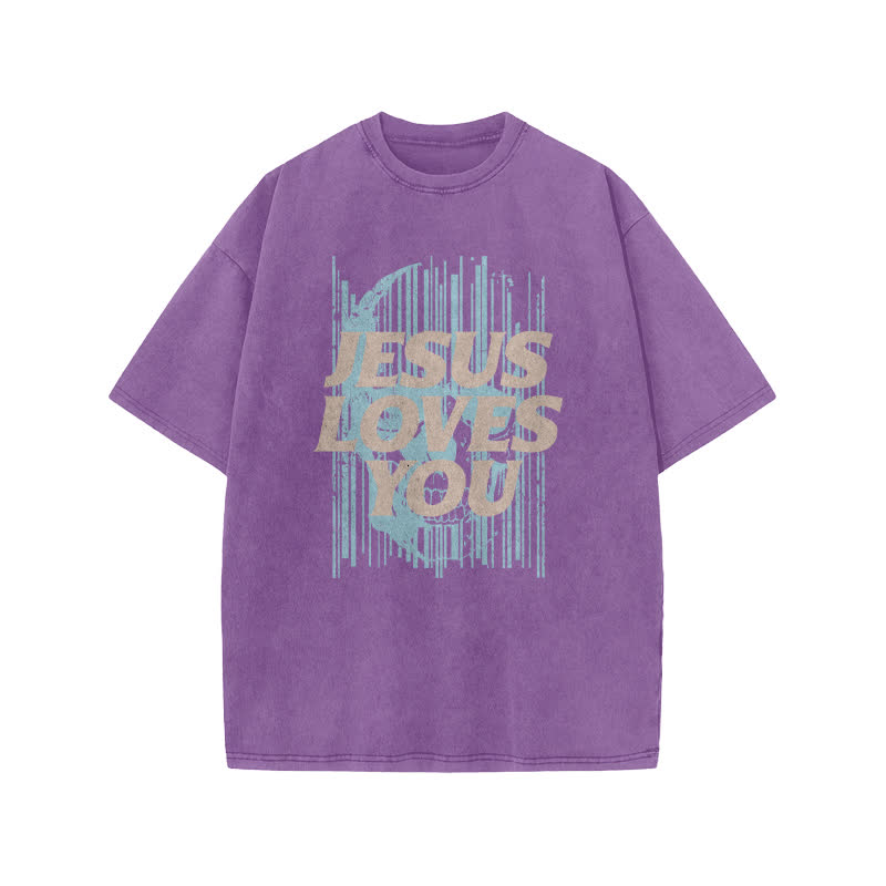 Unisex Cute Jesus Love Transcends All Print Acid Washed T-shirt - Purple - US20-22(3XL) - image 9