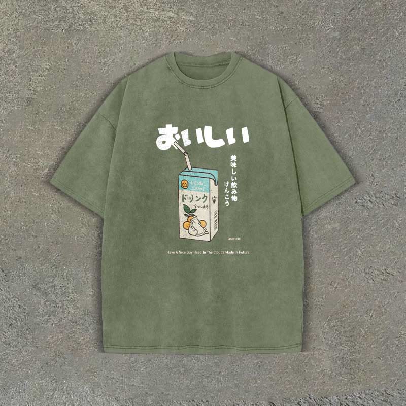 Unisex 100% Cotton Japanese Drink Pattern Letter Print Acid Washed T-shirt