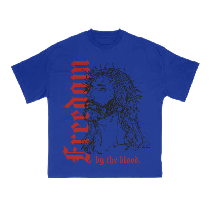 Unisex 100% Cotton Freedom By The Blood Print T-shirt - Blue - US16-18(2XL) - image 10