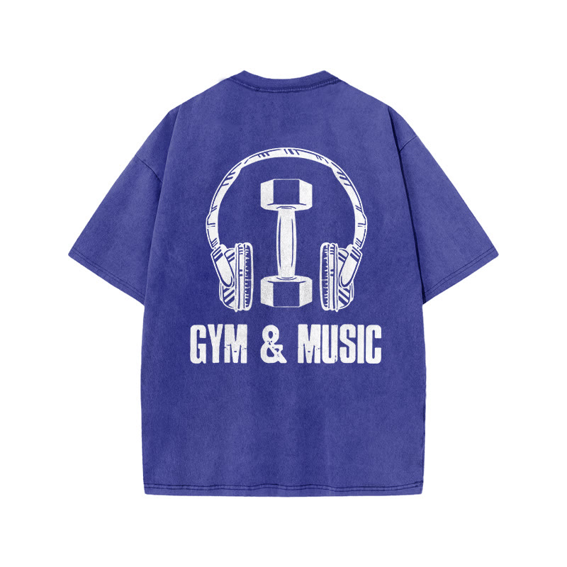 100% Cotton GYM & MUSIC Gym Print Acid Washed T-shirt - Blue - US20-22(3XL) - image 7