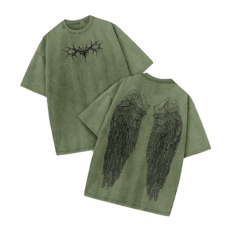 Vintage Angel Wings Graphic Print Acid Washed T-shirt - Army Green - US20-22(3XL) - image 4